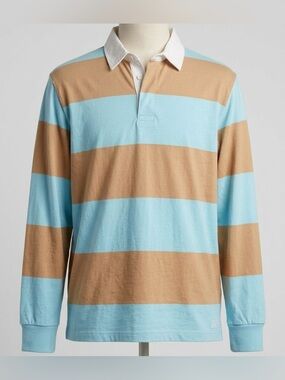 GAP Mens L Long Sleeve Rugby Shirt Tan Light Blue Striped White Collar AOP Tee